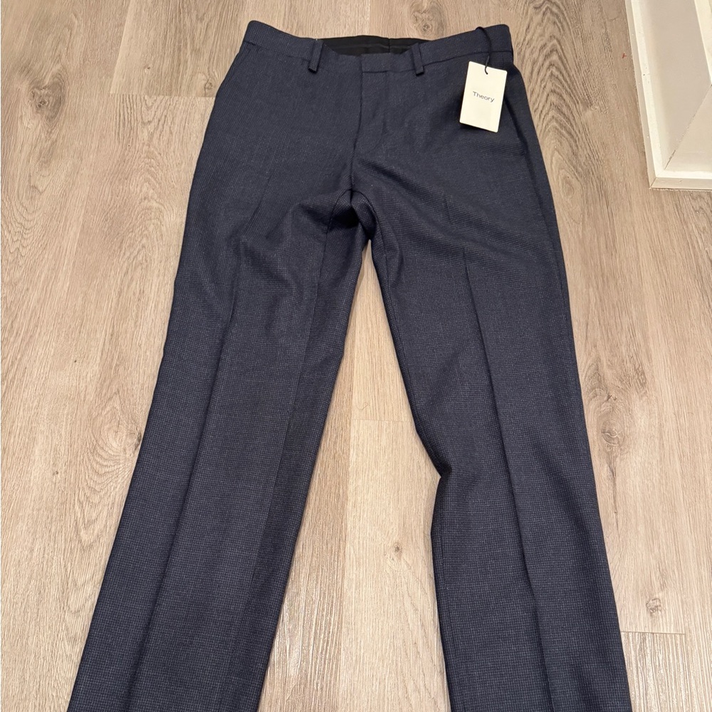 Theory Men's Merino Blend Dress Pants - Navy Micro-Check - Picture 2 of 6